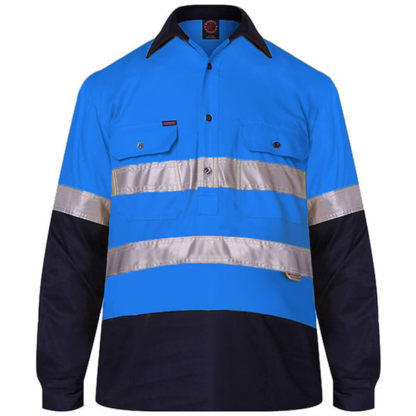 Ritemate (Mens) RM105CFR - Hi Vis 2 Tone Closed Front Long Sleeve with 3M Reflective Tape Shirt (Blue/Navy)