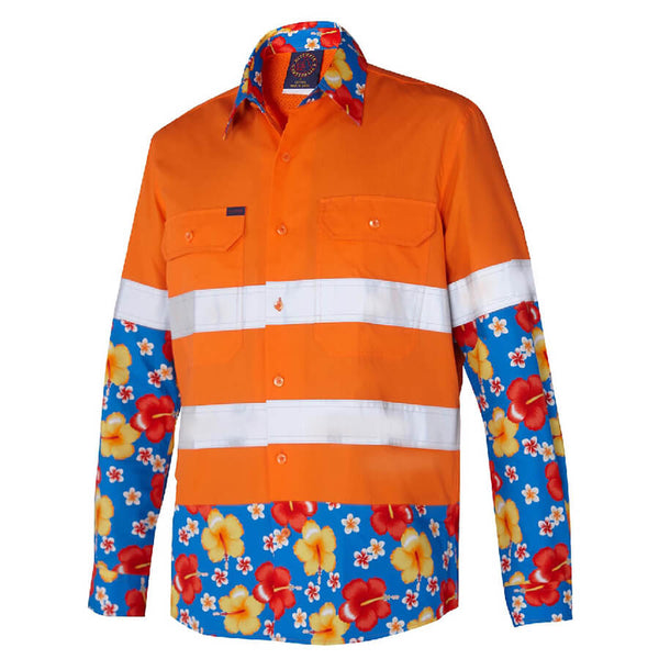 Ritemate (Mens) RM1050 - Hi Vis 2 Tone Open Front Long Sleeve Shirt (Orange/Navy)