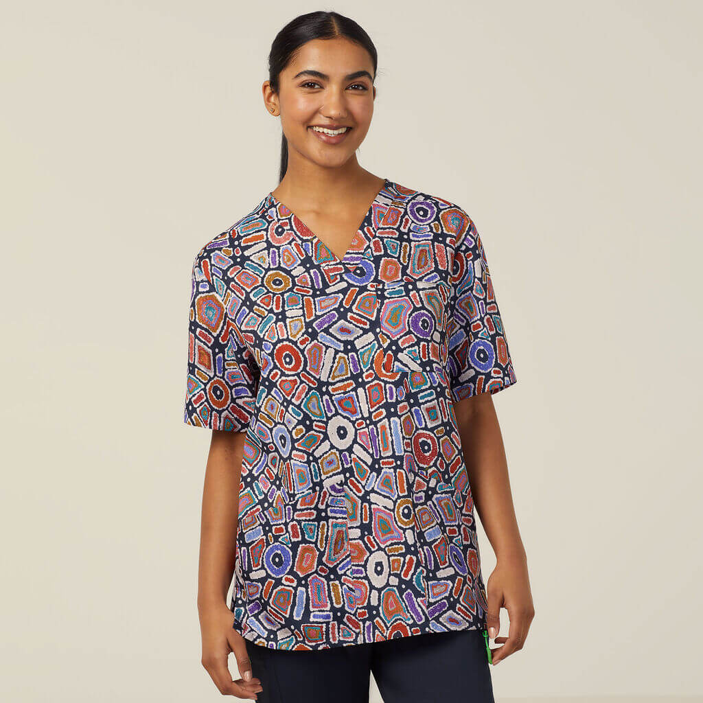 NNT CATRG9 Water Dreaming Indigenous Print Unisex Scrub Top